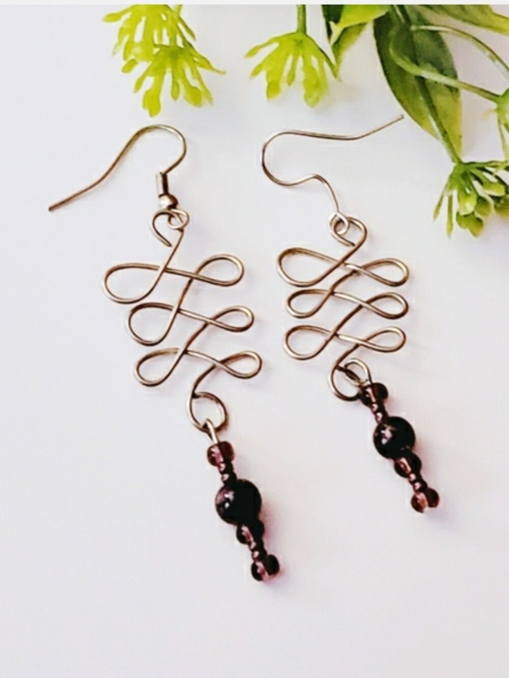 Unique Silver Celtic Zig Zag Garnet Drop Earrings